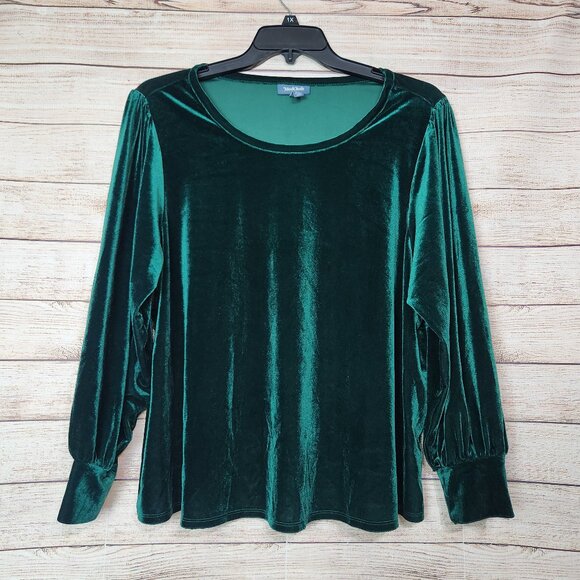 Modcloth Crushed Velvet Blouse Long Sleeve Beyond Basic Green Top Size 2X - Picture 1 of 14